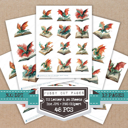 Watercolour Book with Dragon fussy cut printable sheets for junk journaling, scrapbooking, and paper craft projects