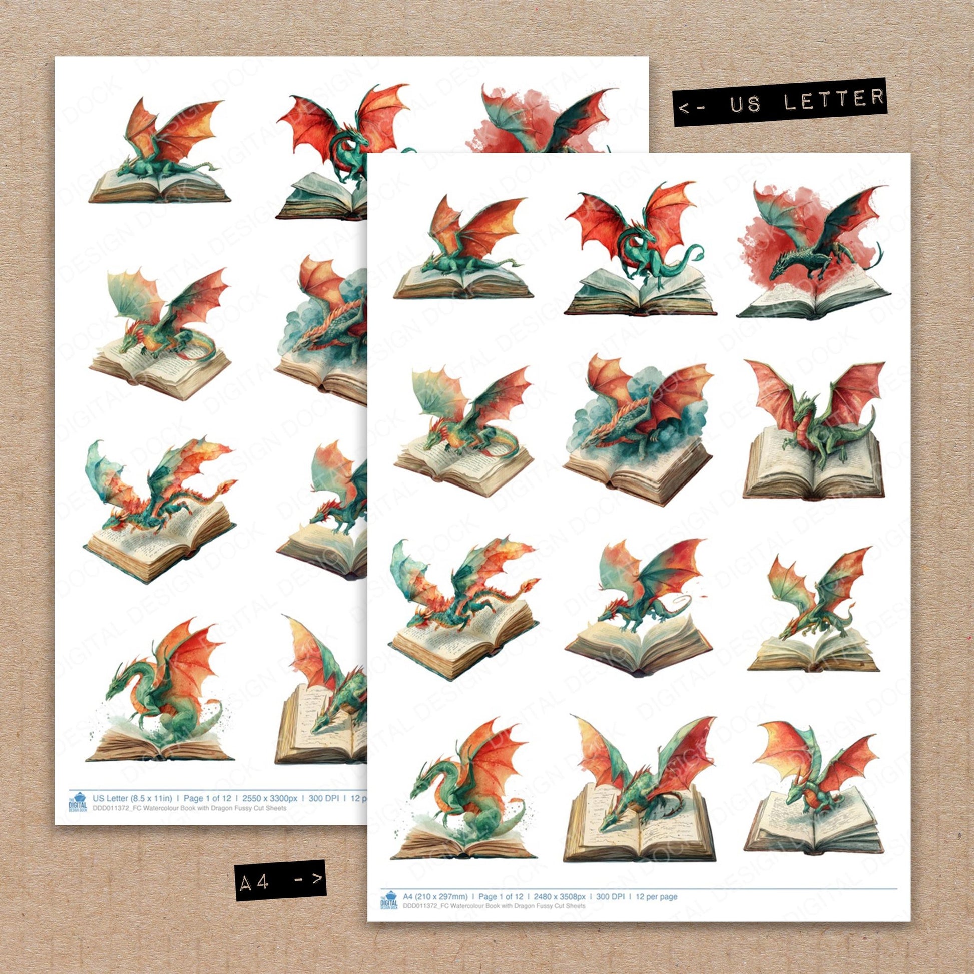 A4 and US Letter format comparison showing Watercolour Book with Dragon fussy cut pages for print and cut crafting