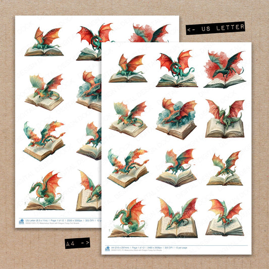 A4 and US Letter format comparison showing Watercolour Book with Dragon fussy cut pages for print and cut crafting