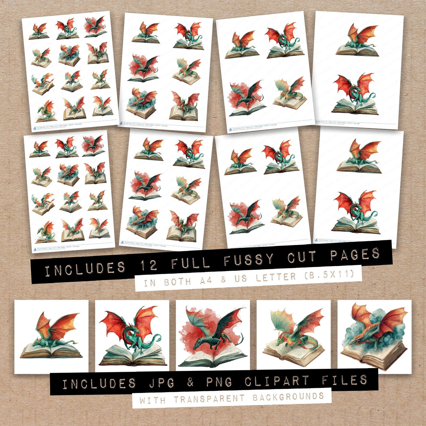 Full collection view of Watercolour Book with Dragon fussy cut sheets with bonus clipart JPG and PNG files