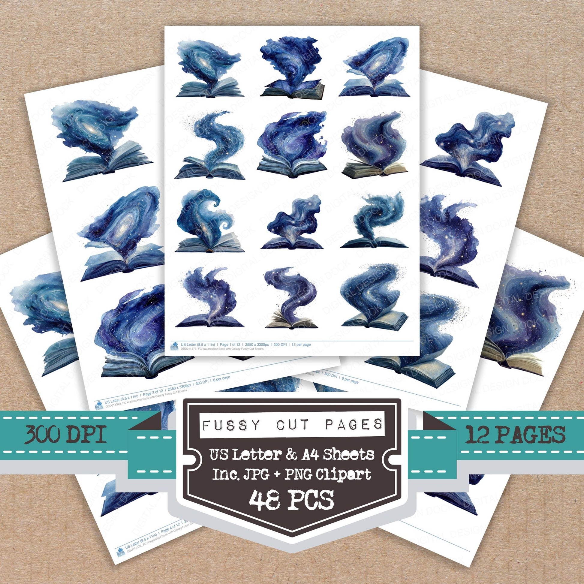 Watercolour Book with Galaxy fussy cut printable sheets for junk journaling, scrapbooking, and paper craft projects