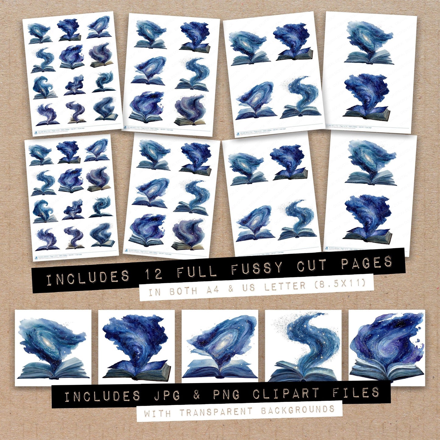 Full collection view of Watercolour Book with Galaxy fussy cut sheets with bonus clipart JPG and PNG files
