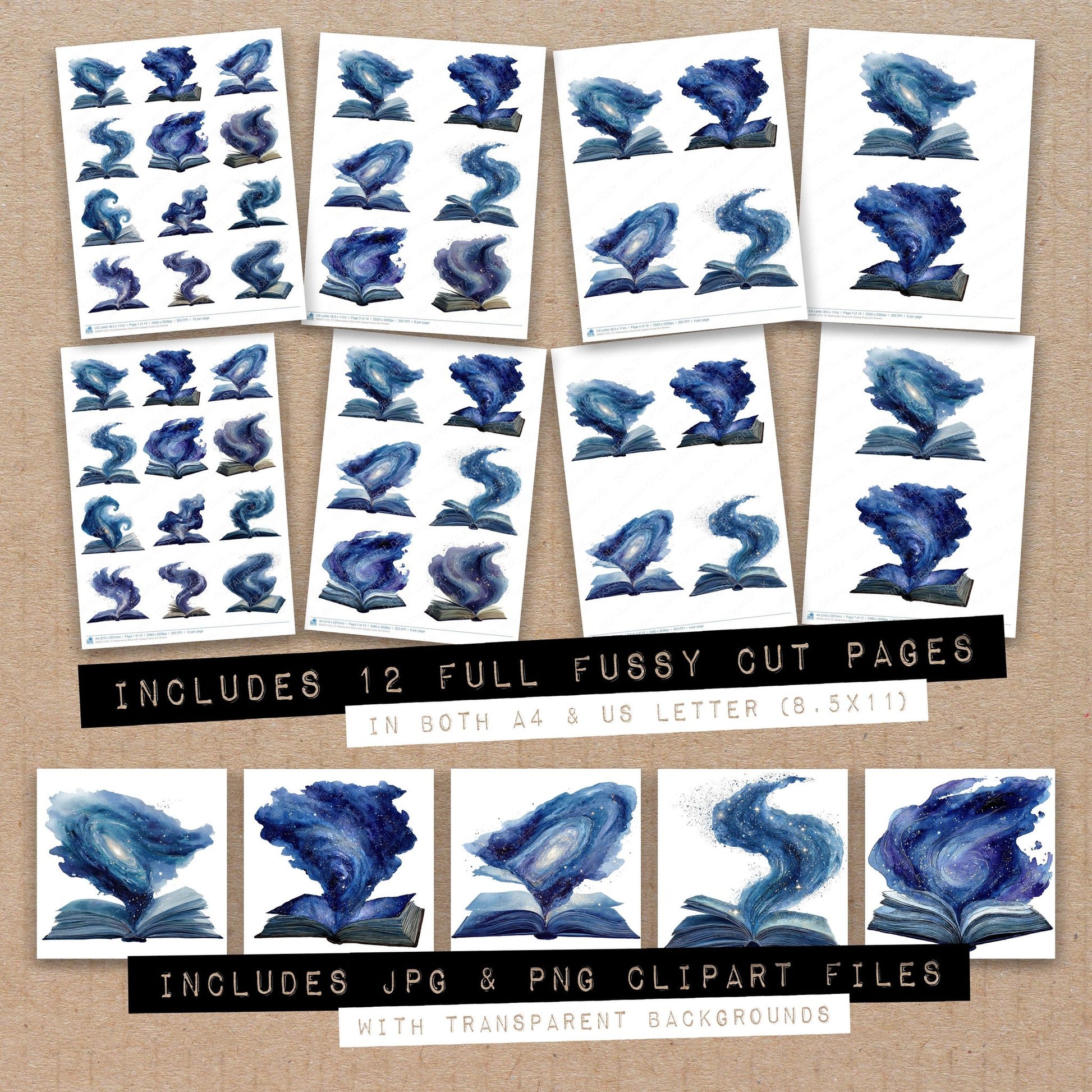 Full collection view of Watercolour Book with Galaxy fussy cut sheets with bonus clipart JPG and PNG files
