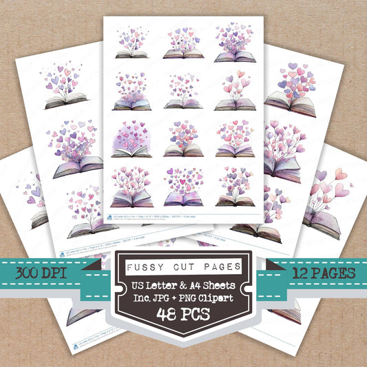 Watercolour Book with Hearts fussy cut printable sheets for junk journaling, scrapbooking, and paper craft projects