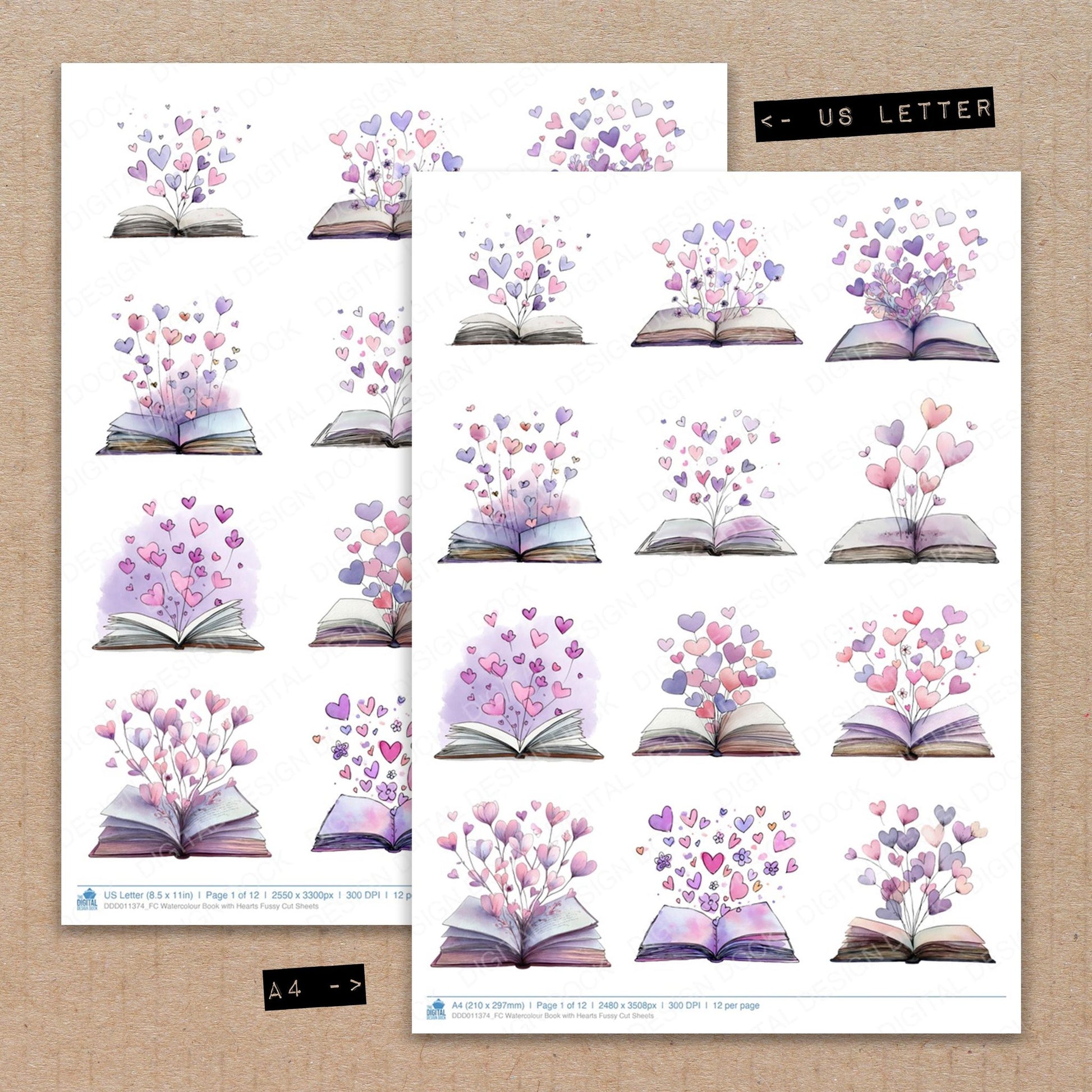 A4 and US Letter format comparison showing Watercolour Book with Hearts fussy cut pages for print and cut crafting