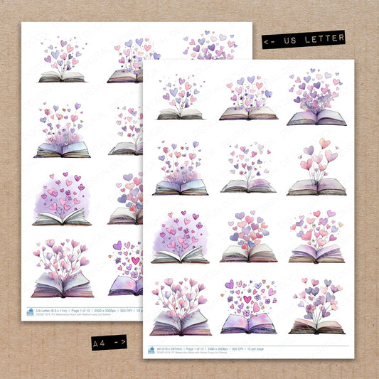 A4 and US Letter format comparison showing Watercolour Book with Hearts fussy cut pages for print and cut crafting