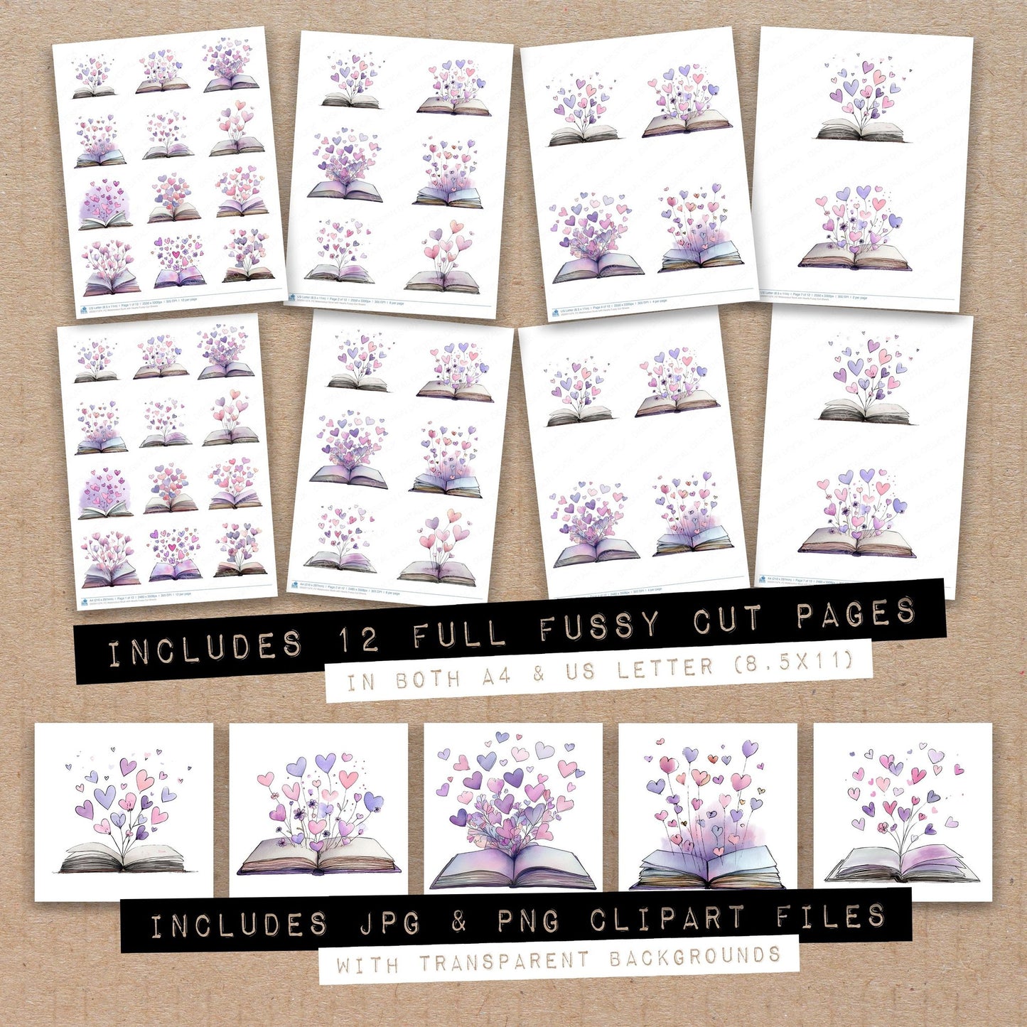 Full collection view of Watercolour Book with Hearts fussy cut sheets with bonus clipart JPG and PNG files