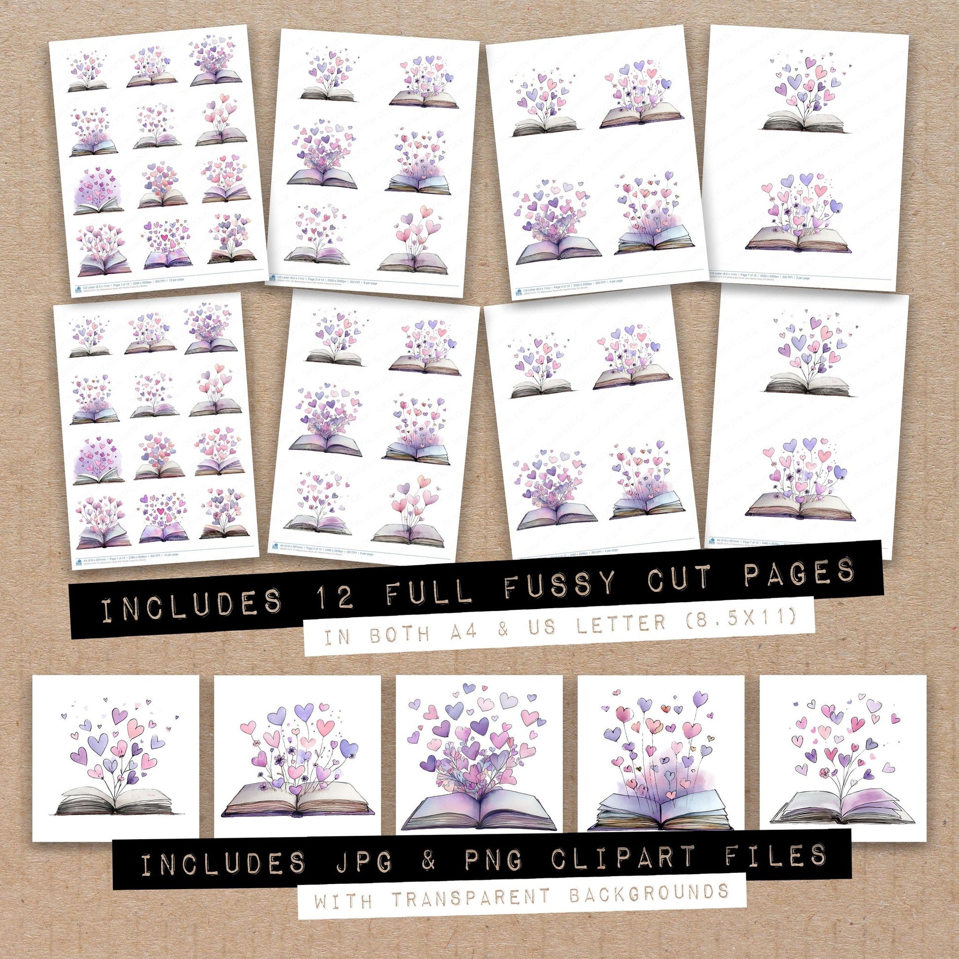 Full collection view of Watercolour Book with Hearts fussy cut sheets with bonus clipart JPG and PNG files