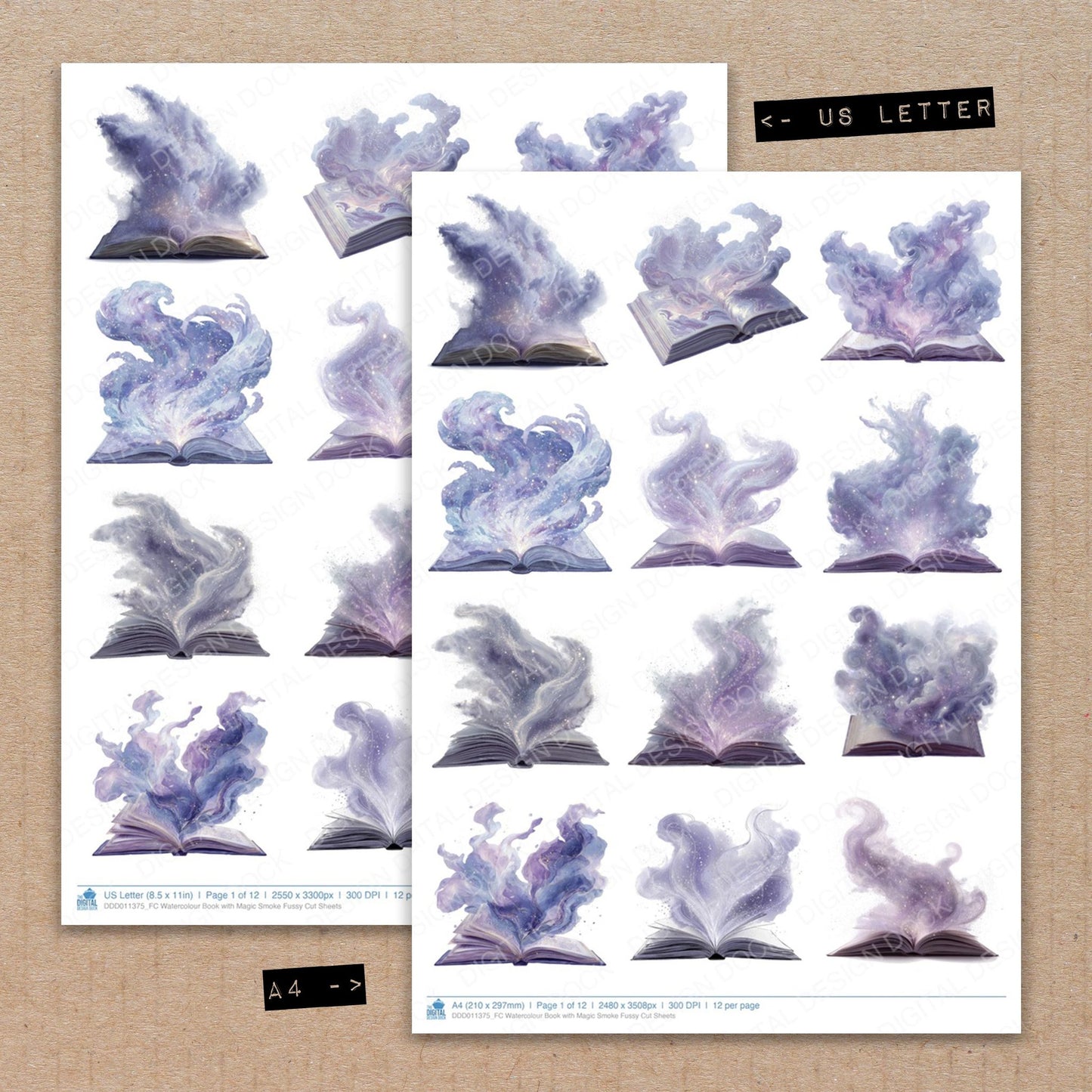 A4 and US Letter format comparison showing Watercolour Book with Magic Smoke fussy cut pages for print and cut crafting