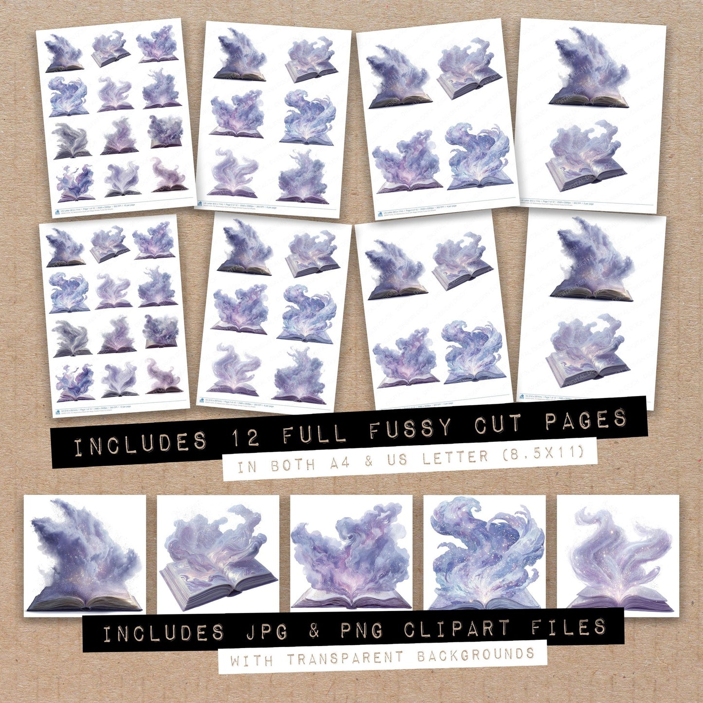 Full collection view of Watercolour Book with Magic Smoke fussy cut sheets with bonus clipart JPG and PNG files