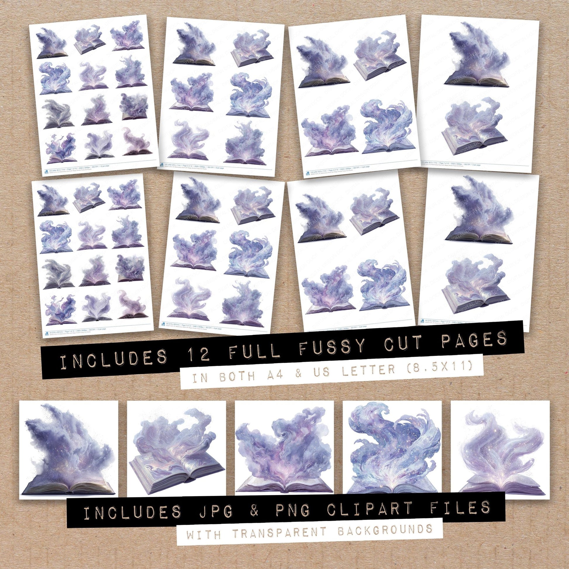 Full collection view of Watercolour Book with Magic Smoke fussy cut sheets with bonus clipart JPG and PNG files