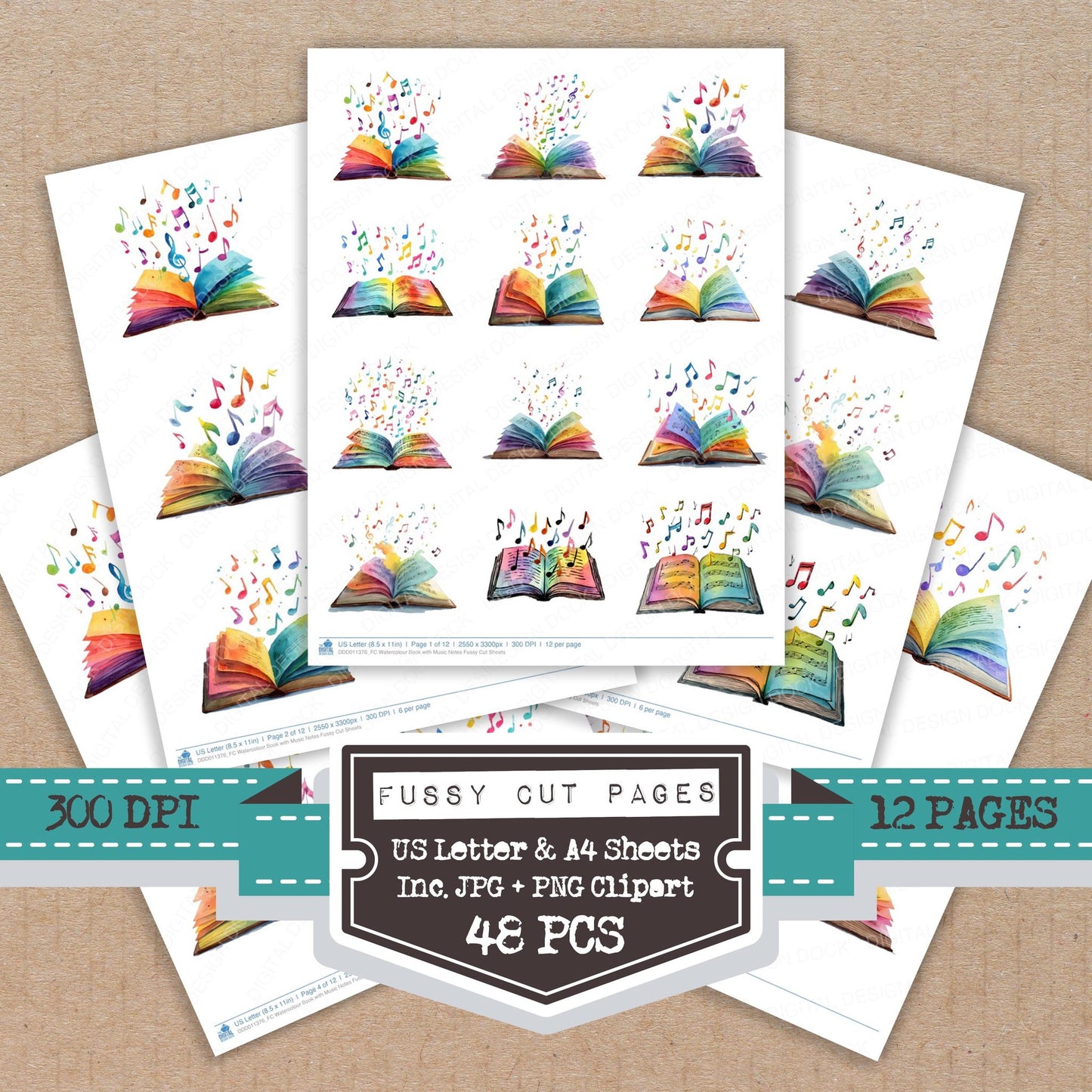 Watercolour Book with Music Notes fussy cut printable sheets for junk journaling, scrapbooking, and paper craft projects