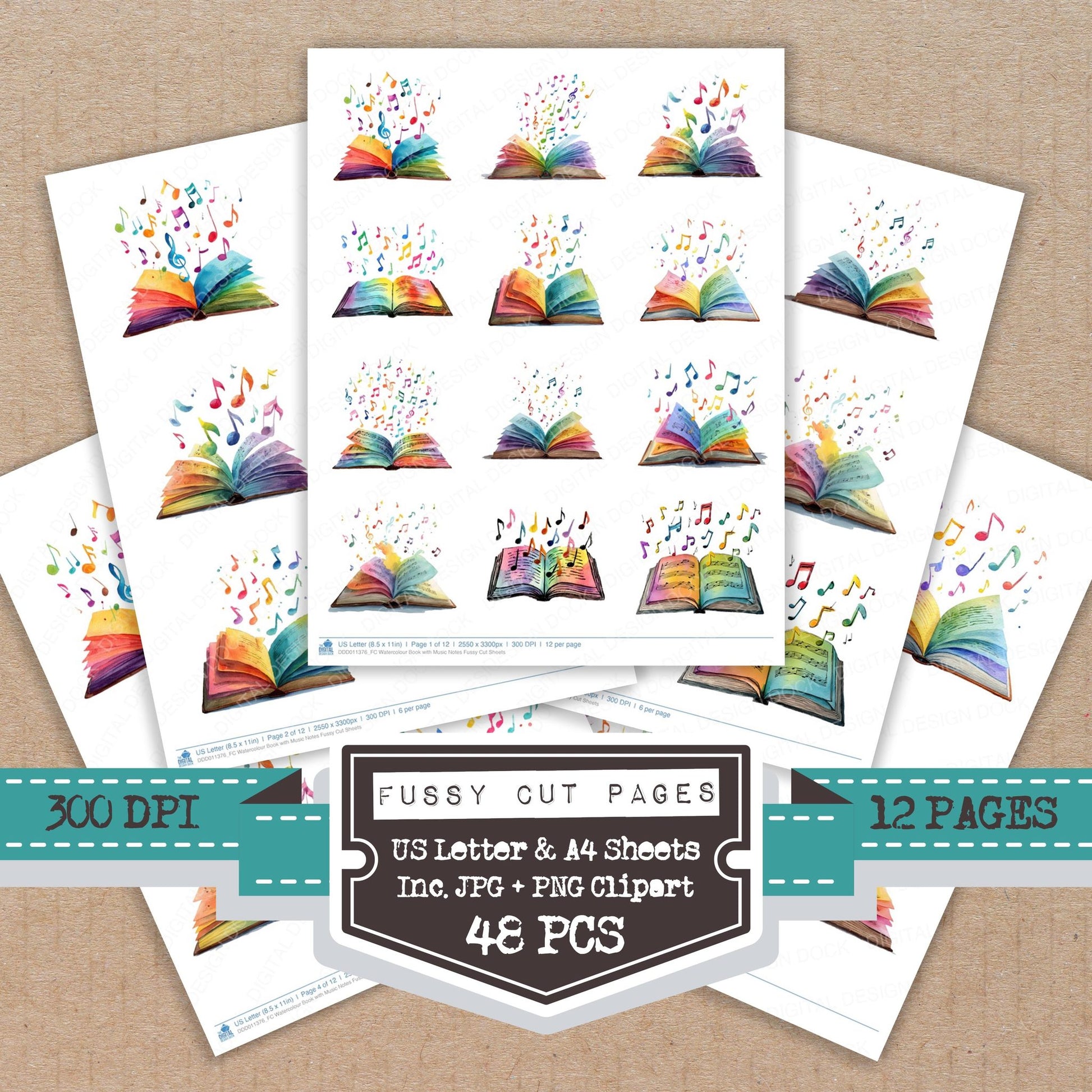 Watercolour Book with Music Notes fussy cut printable sheets for junk journaling, scrapbooking, and paper craft projects