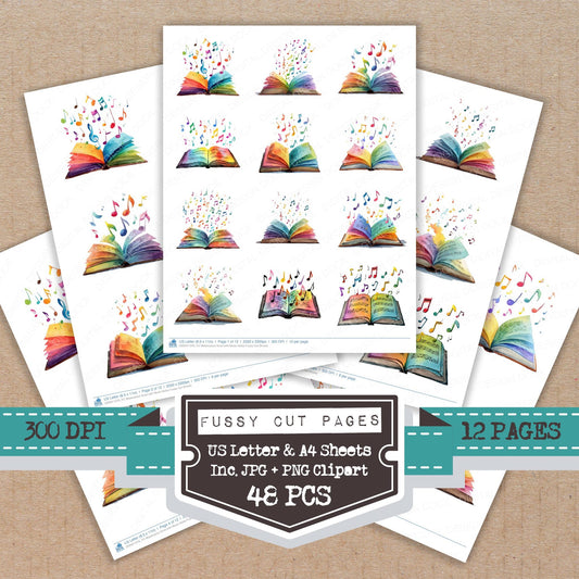 Watercolour Book with Music Notes fussy cut printable sheets for junk journaling, scrapbooking, and paper craft projects