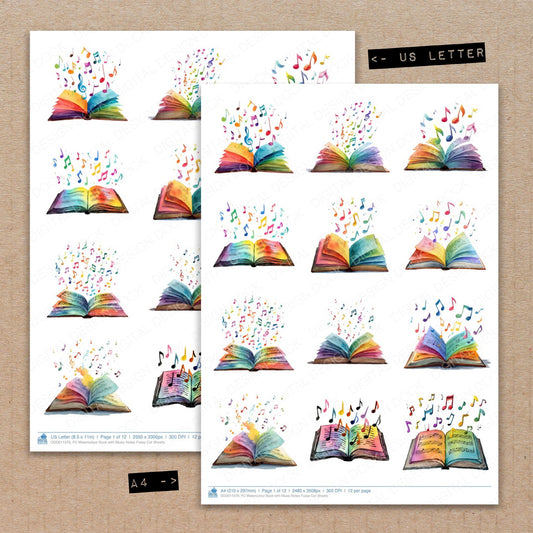 A4 and US Letter format comparison showing Watercolour Book with Music Notes fussy cut pages for print and cut crafting