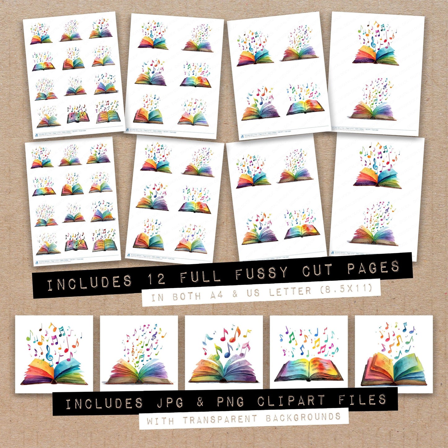 Full collection view of Watercolour Book with Music Notes fussy cut sheets with bonus clipart JPG and PNG files
