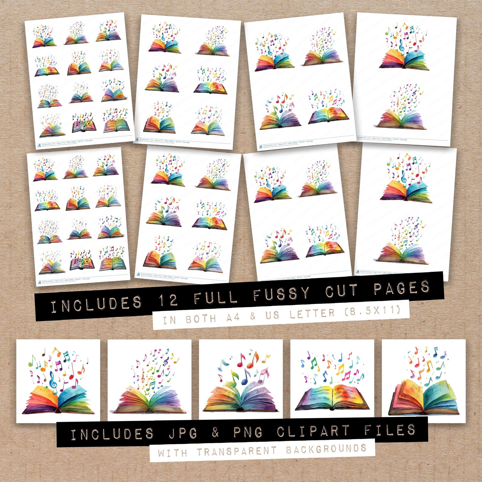 Full collection view of Watercolour Book with Music Notes fussy cut sheets with bonus clipart JPG and PNG files