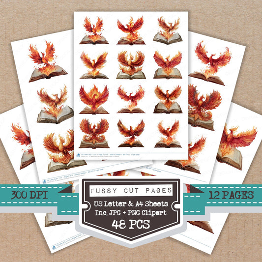 Watercolour Book with Phoenix fussy cut printable sheets for junk journaling, scrapbooking, and paper craft projects