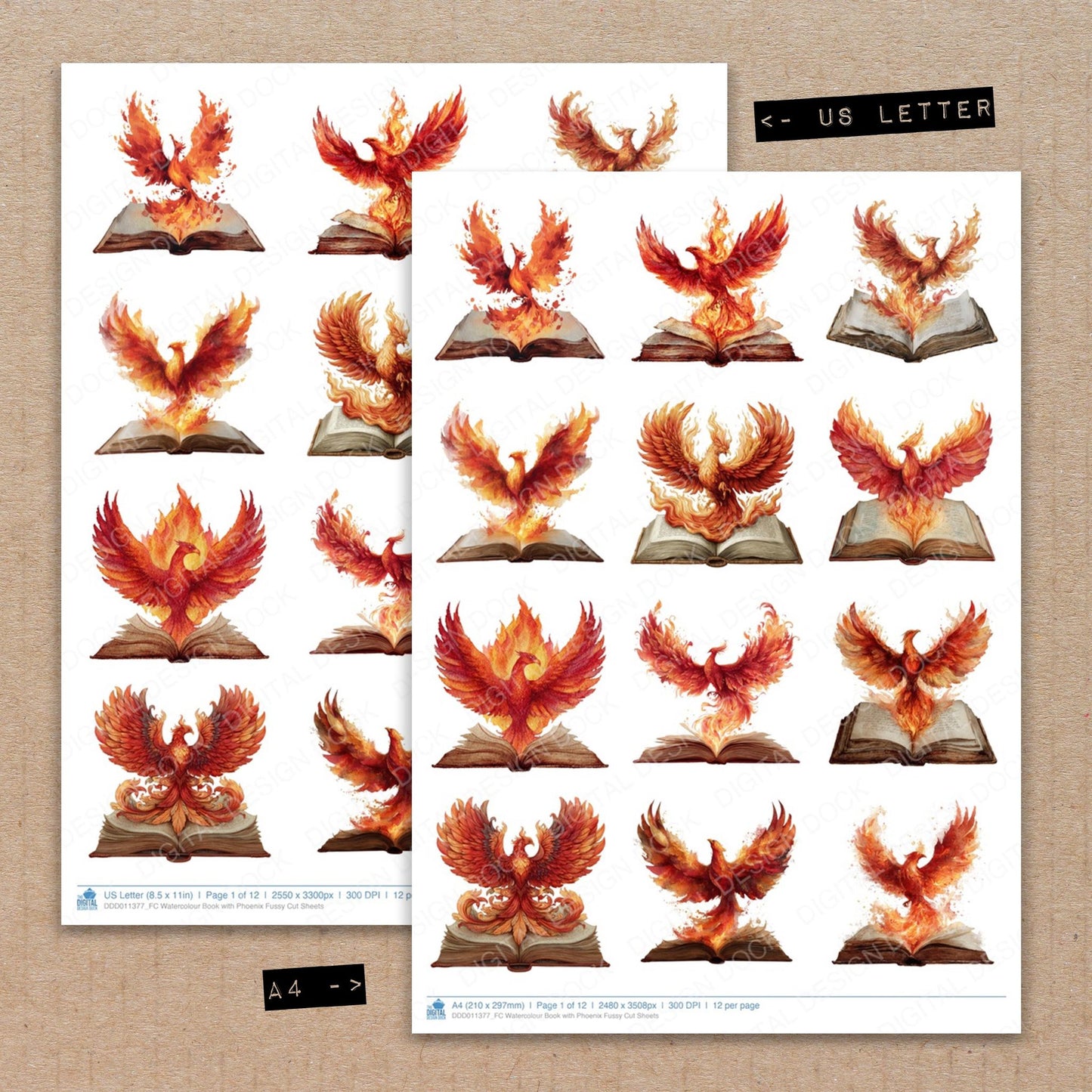 A4 and US Letter format comparison showing Watercolour Book with Phoenix fussy cut pages for print and cut crafting
