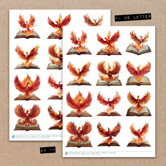 A4 and US Letter format comparison showing Watercolour Book with Phoenix fussy cut pages for print and cut crafting