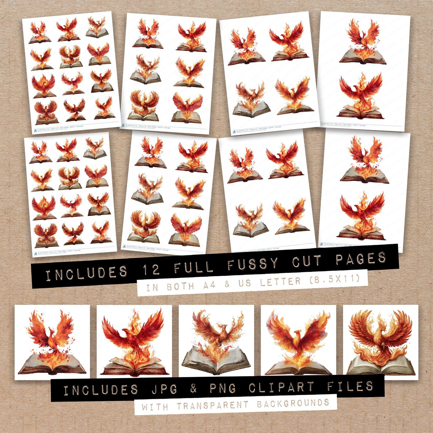 Full collection view of Watercolour Book with Phoenix fussy cut sheets with bonus clipart JPG and PNG files