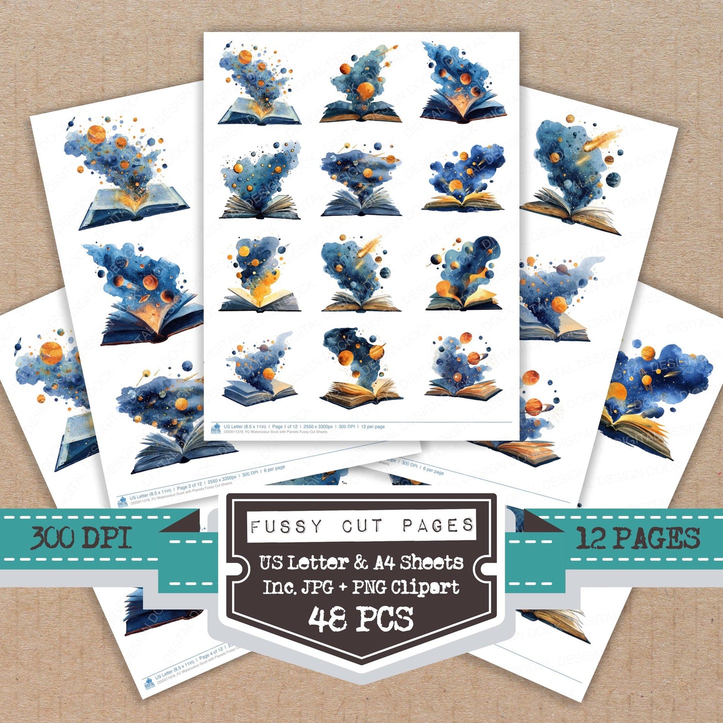 Watercolour Book with Planets fussy cut printable sheets for junk journaling, scrapbooking, and paper craft projects