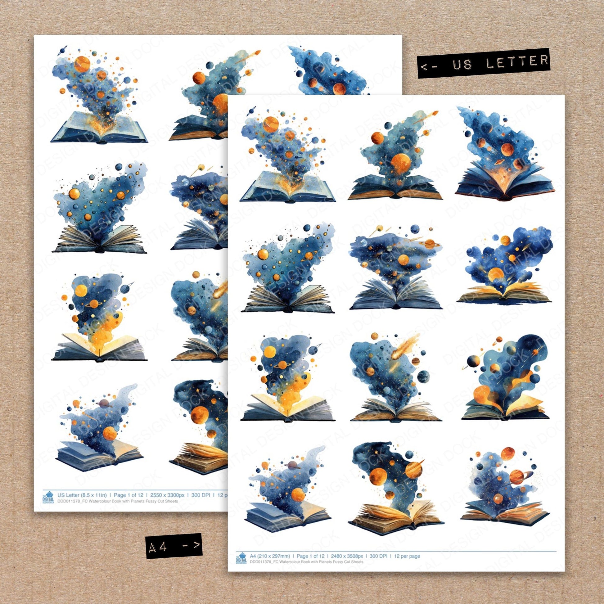A4 and US Letter format comparison showing Watercolour Book with Planets fussy cut pages for print and cut crafting