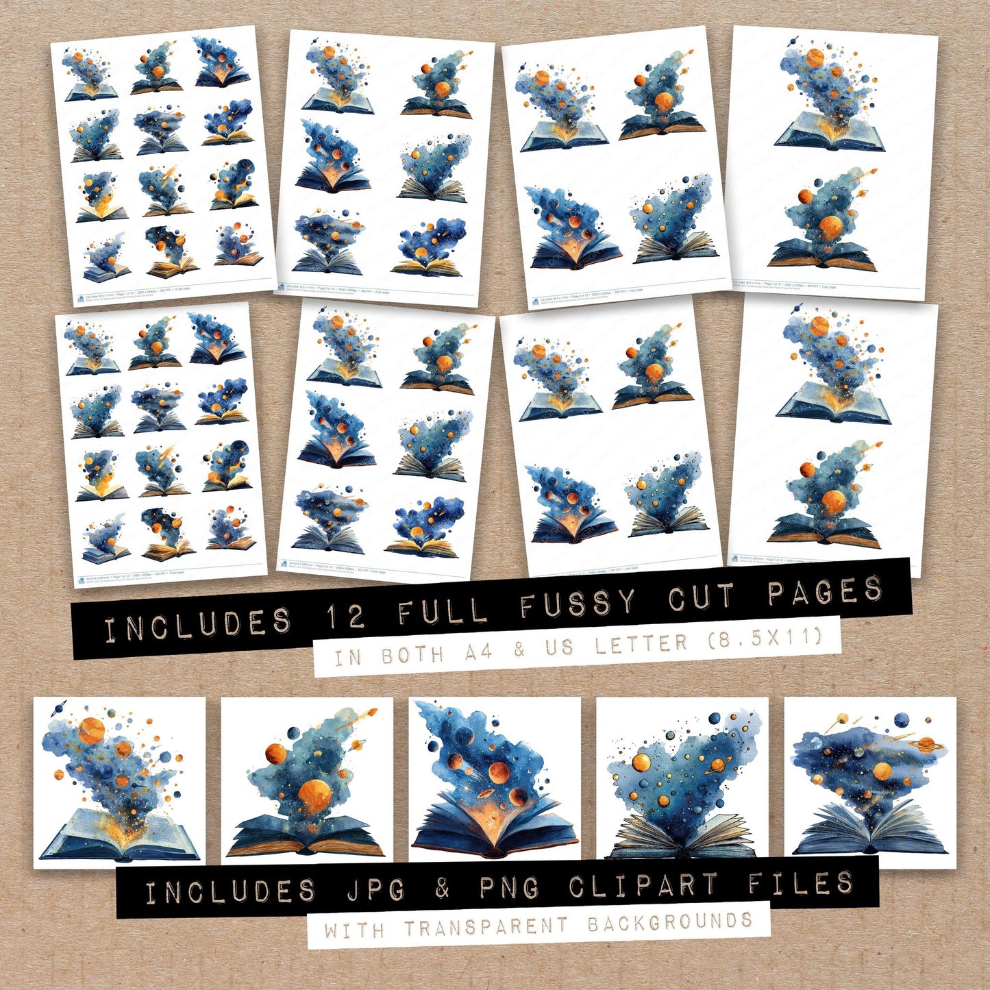 Full collection view of Watercolour Book with Planets fussy cut sheets with bonus clipart JPG and PNG files