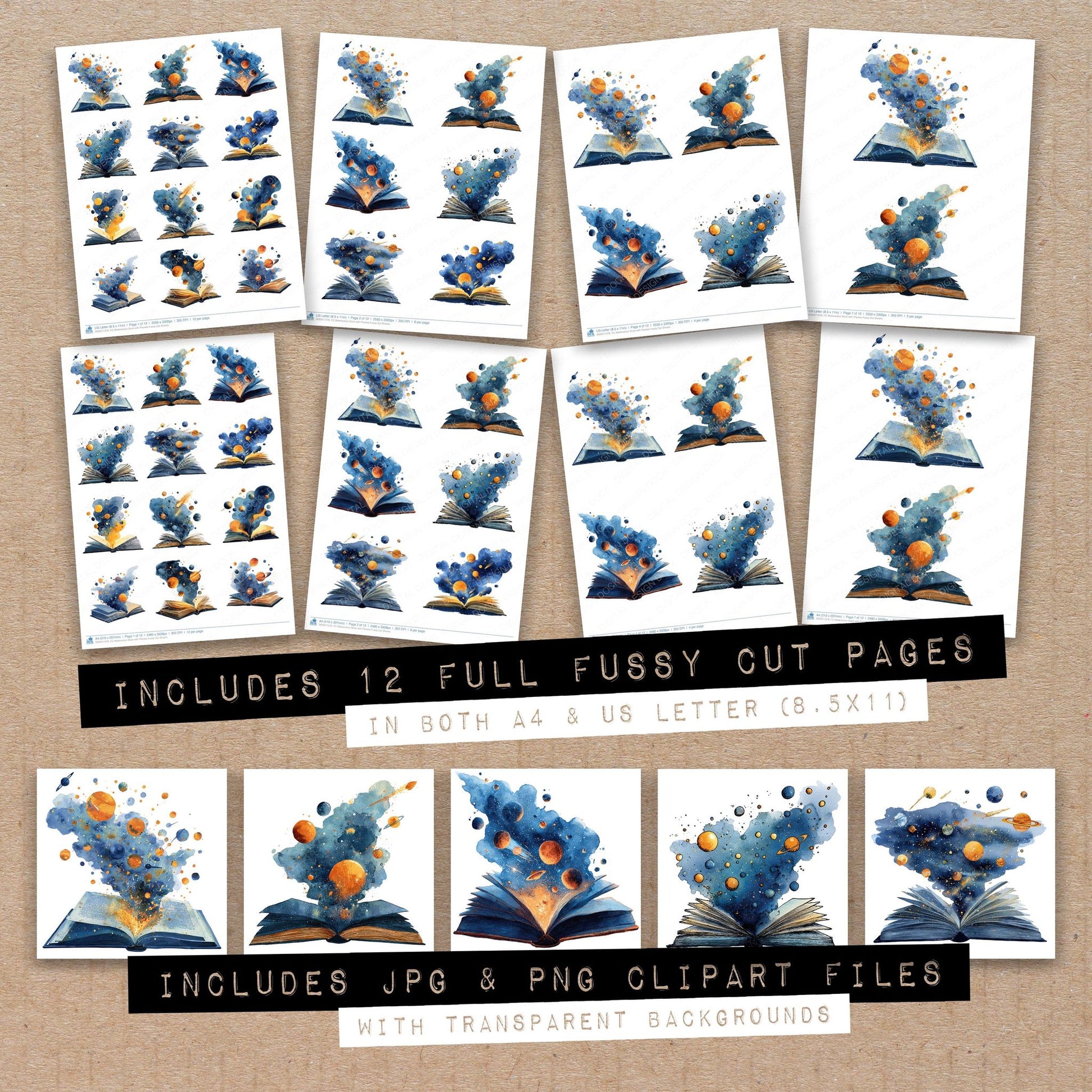 Full collection view of Watercolour Book with Planets fussy cut sheets with bonus clipart JPG and PNG files