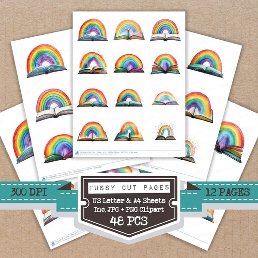 Watercolour Book with Rainbow fussy cut printable sheets for junk journaling, scrapbooking, and paper craft projects