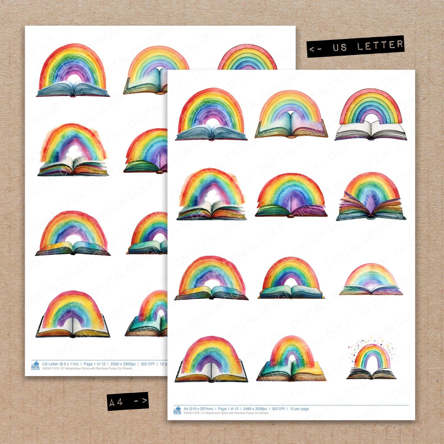 A4 and US Letter format comparison showing Watercolour Book with Rainbow fussy cut pages for print and cut crafting