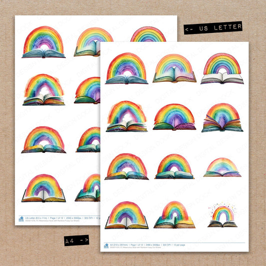 A4 and US Letter format comparison showing Watercolour Book with Rainbow fussy cut pages for print and cut crafting