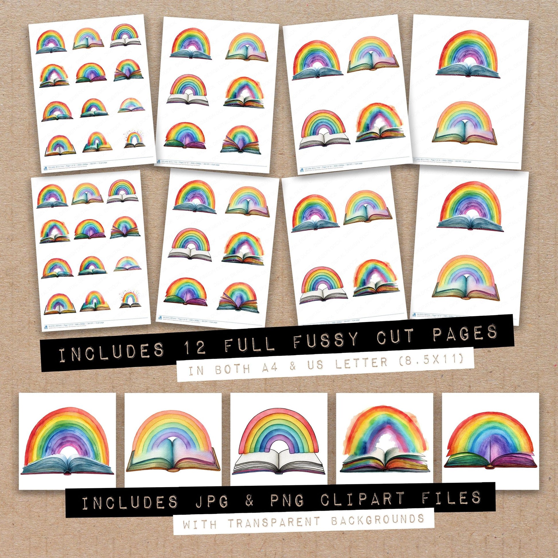 Full collection view of Watercolour Book with Rainbow fussy cut sheets with bonus clipart JPG and PNG files