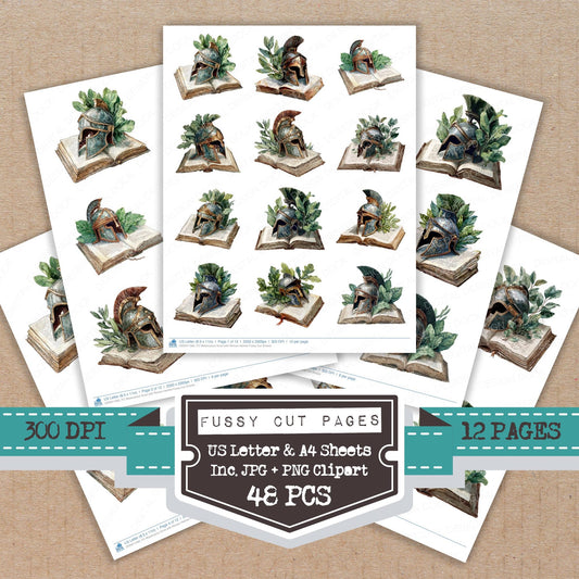 Watercolour Book with Roman Helmet fussy cut printable sheets for junk journaling, scrapbooking, and paper craft projects