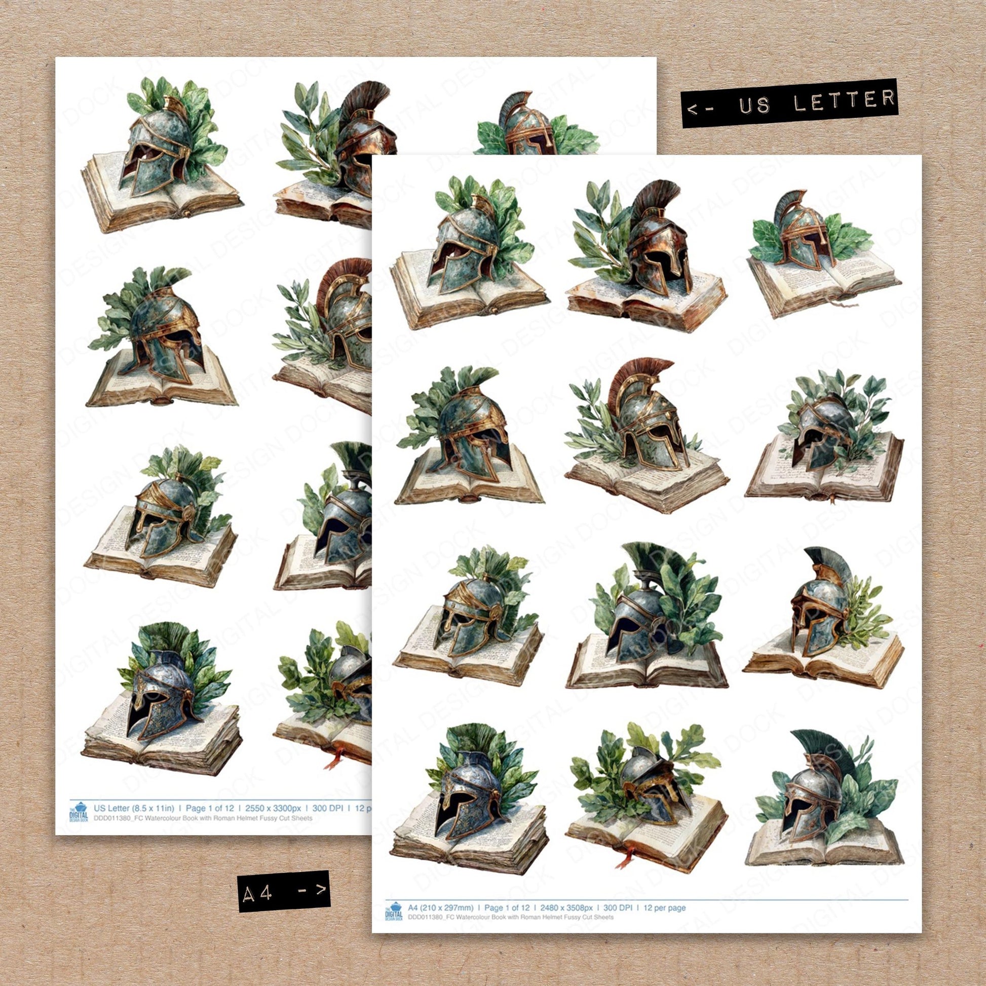 A4 and US Letter format comparison showing Watercolour Book with Roman Helmet fussy cut pages for print and cut crafting