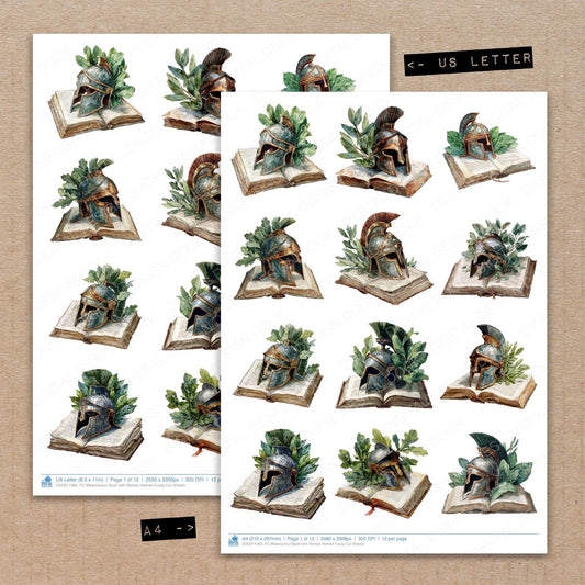 A4 and US Letter format comparison showing Watercolour Book with Roman Helmet fussy cut pages for print and cut crafting