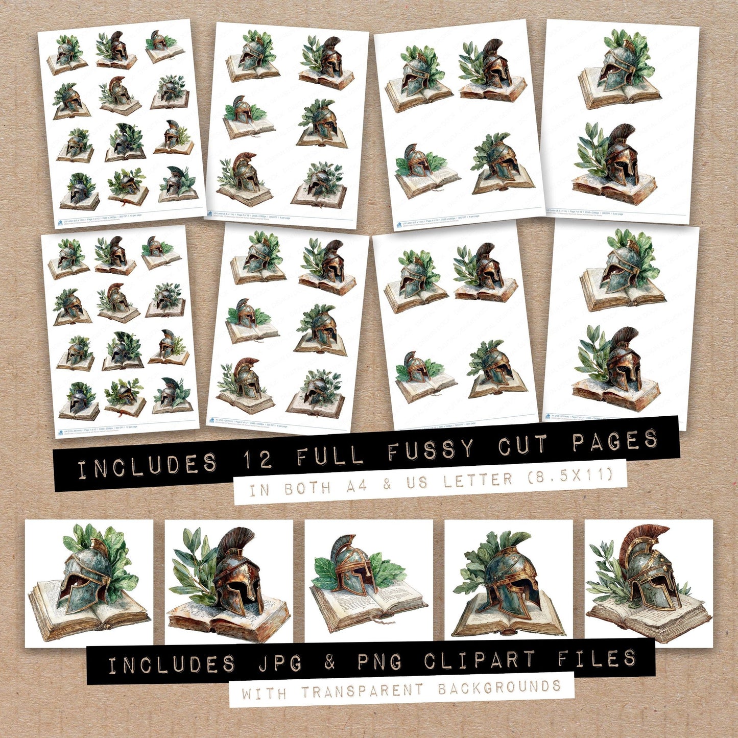 Full collection view of Watercolour Book with Roman Helmet fussy cut sheets with bonus clipart JPG and PNG files