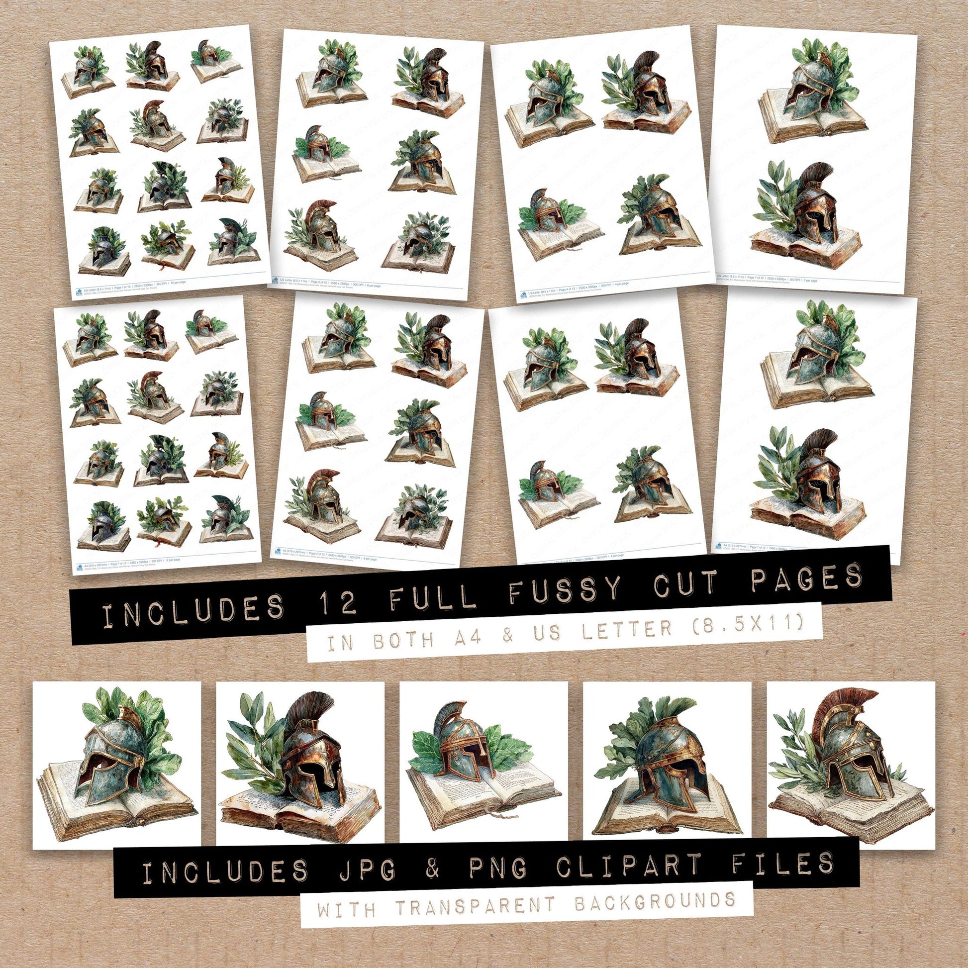 Full collection view of Watercolour Book with Roman Helmet fussy cut sheets with bonus clipart JPG and PNG files