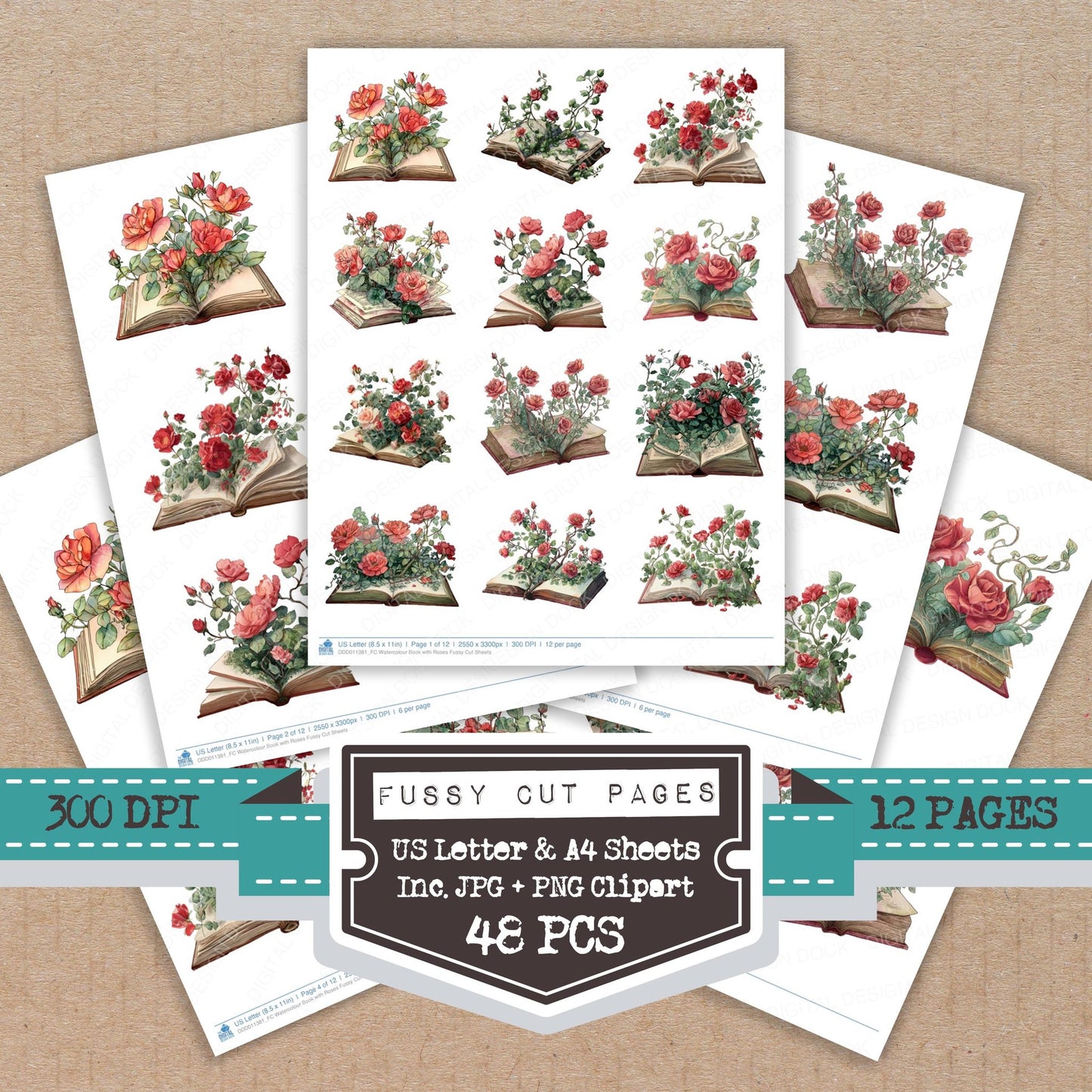 Watercolour Book with Roses fussy cut printable sheets for junk journaling, scrapbooking, and paper craft projects