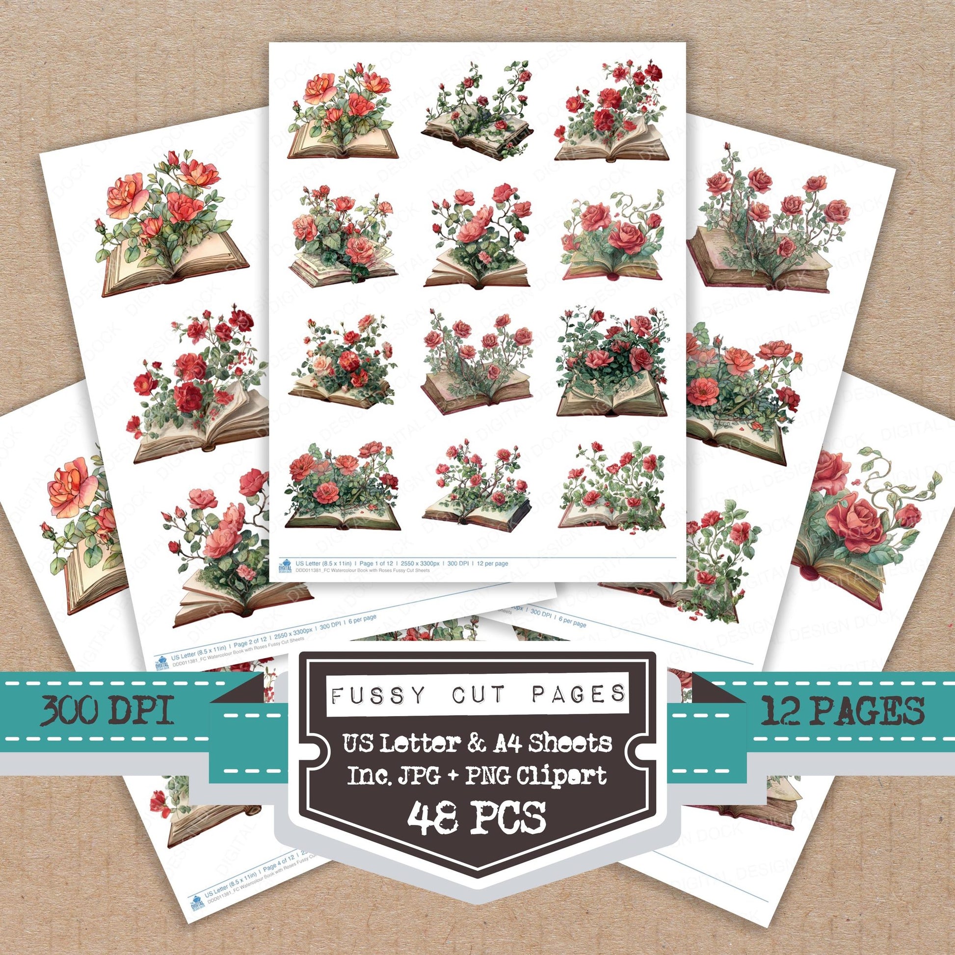 Watercolour Book with Roses fussy cut printable sheets for junk journaling, scrapbooking, and paper craft projects