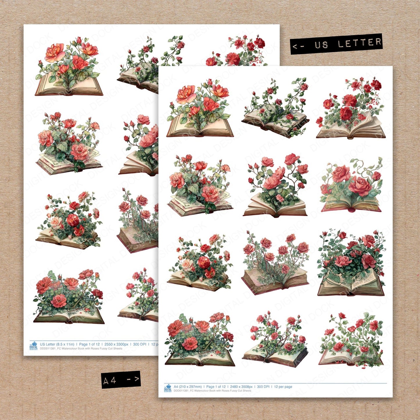 A4 and US Letter format comparison showing Watercolour Book with Roses fussy cut pages for print and cut crafting