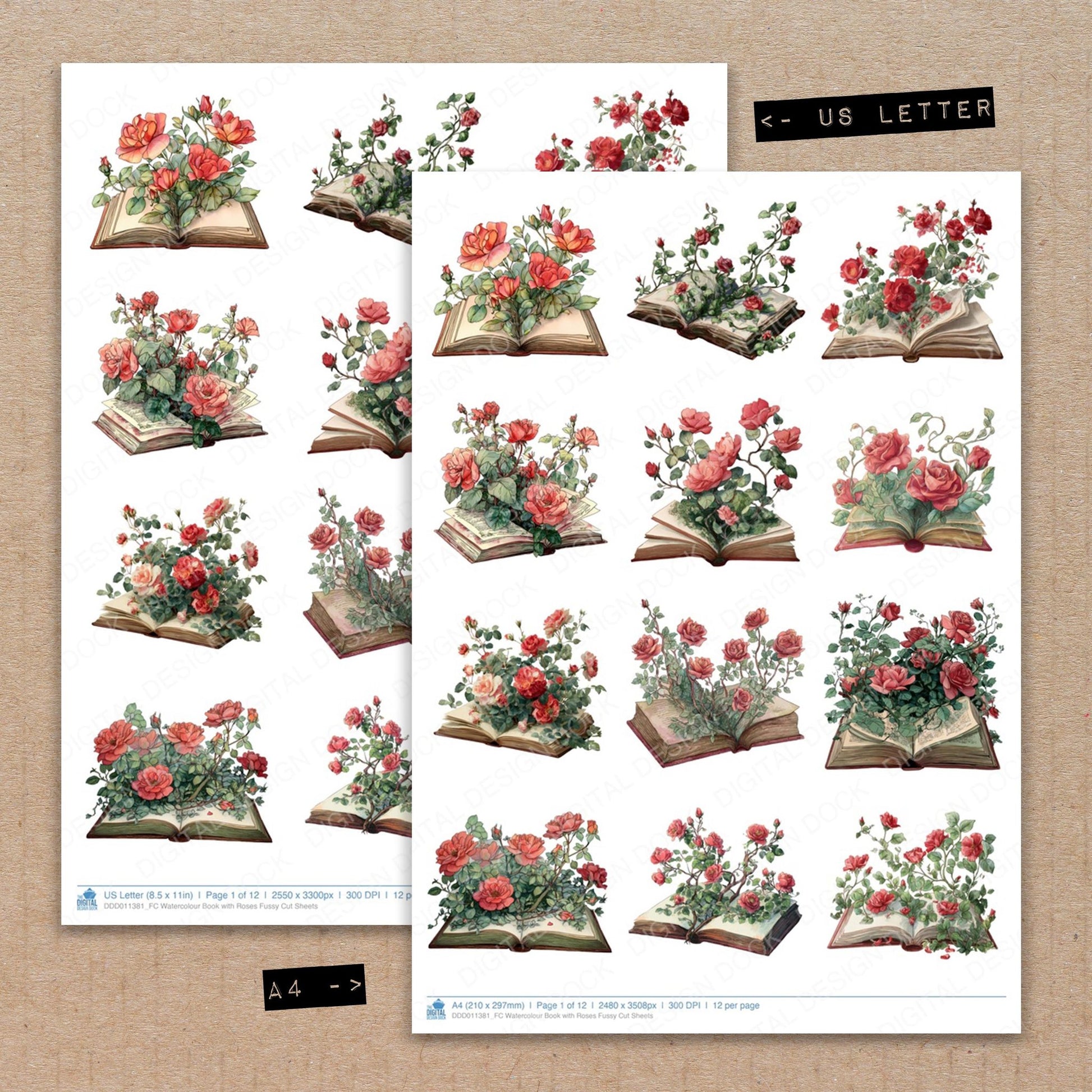 A4 and US Letter format comparison showing Watercolour Book with Roses fussy cut pages for print and cut crafting