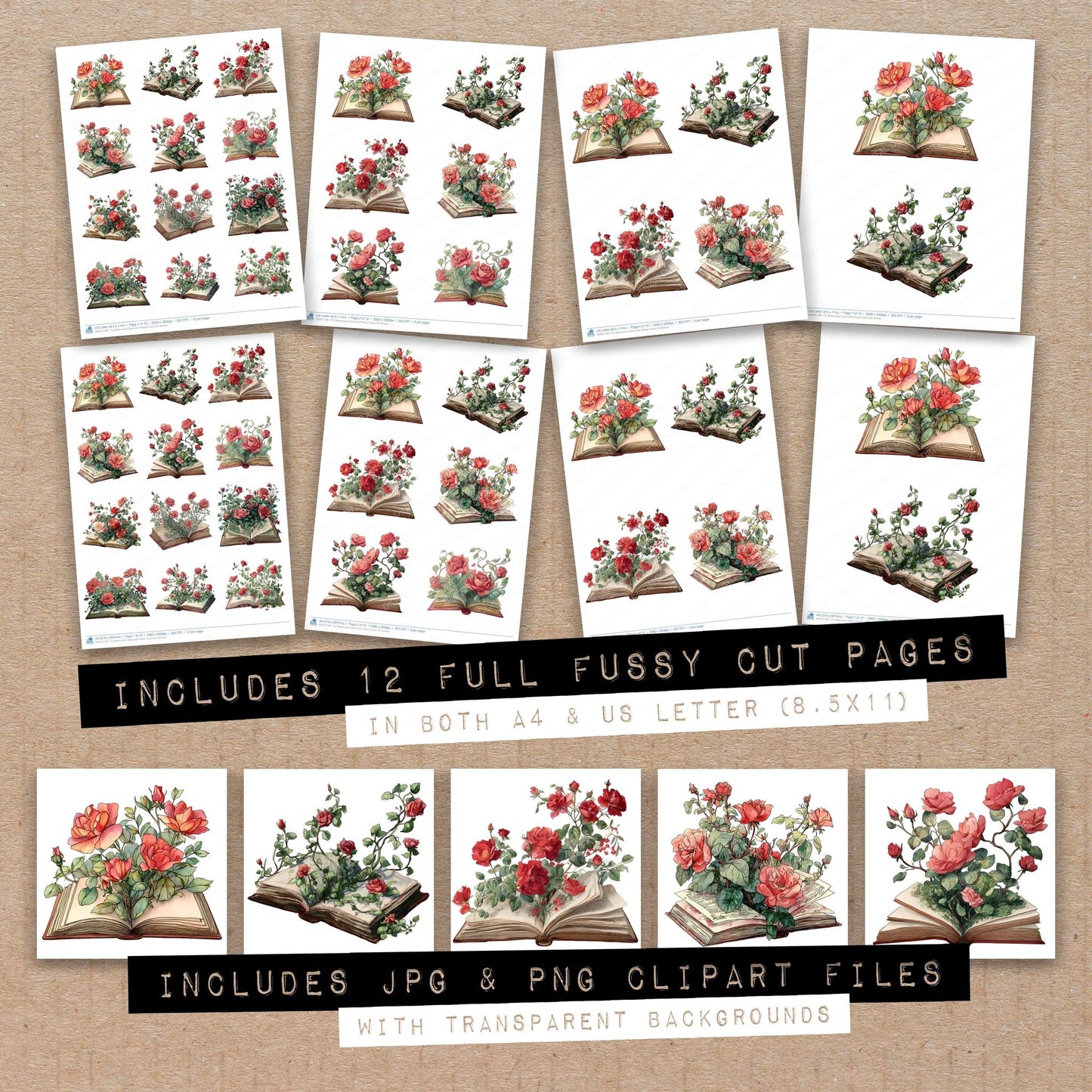 Full collection view of Watercolour Book with Roses fussy cut sheets with bonus clipart JPG and PNG files