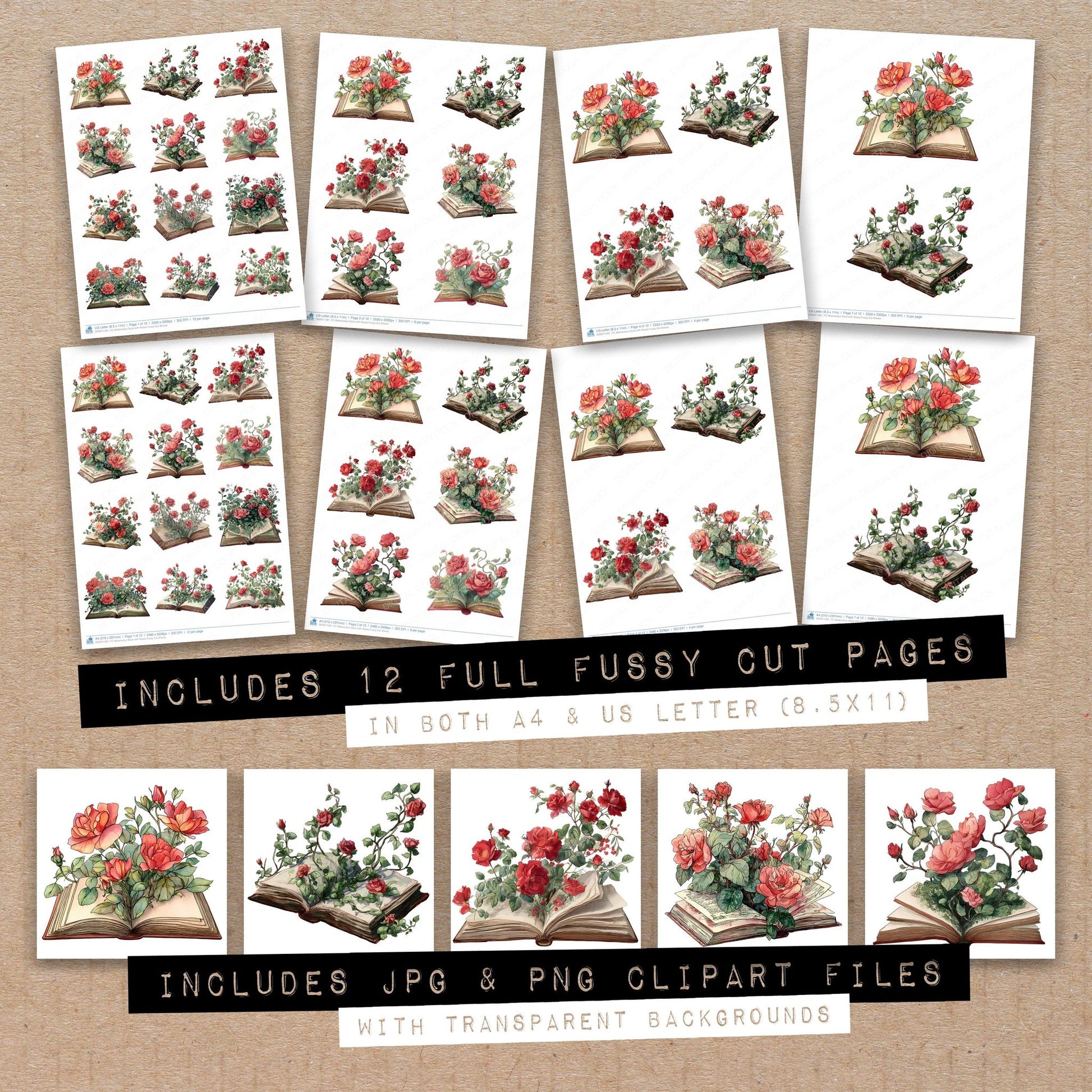 Full collection view of Watercolour Book with Roses fussy cut sheets with bonus clipart JPG and PNG files