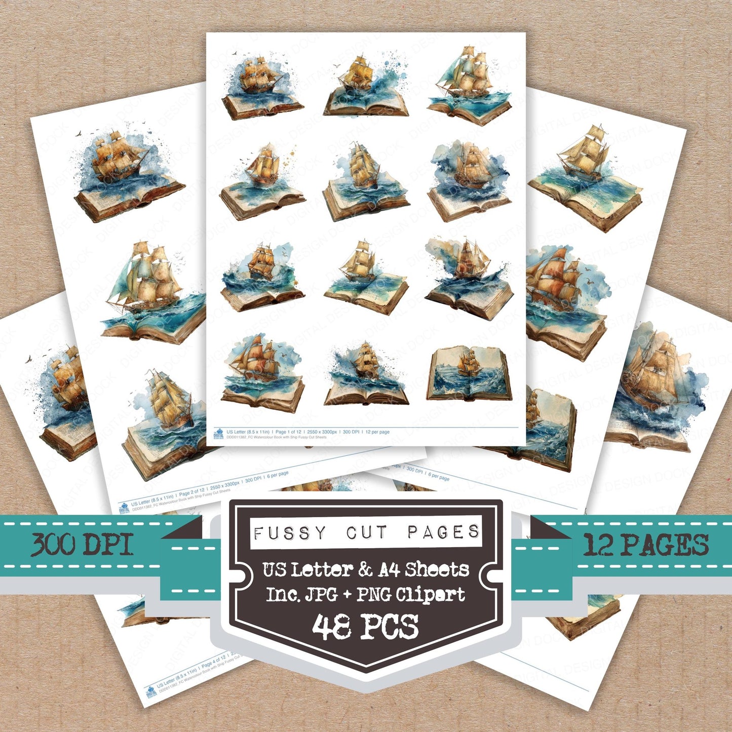 Watercolour Book with Ship fussy cut printable sheets for junk journaling, scrapbooking, and paper craft projects