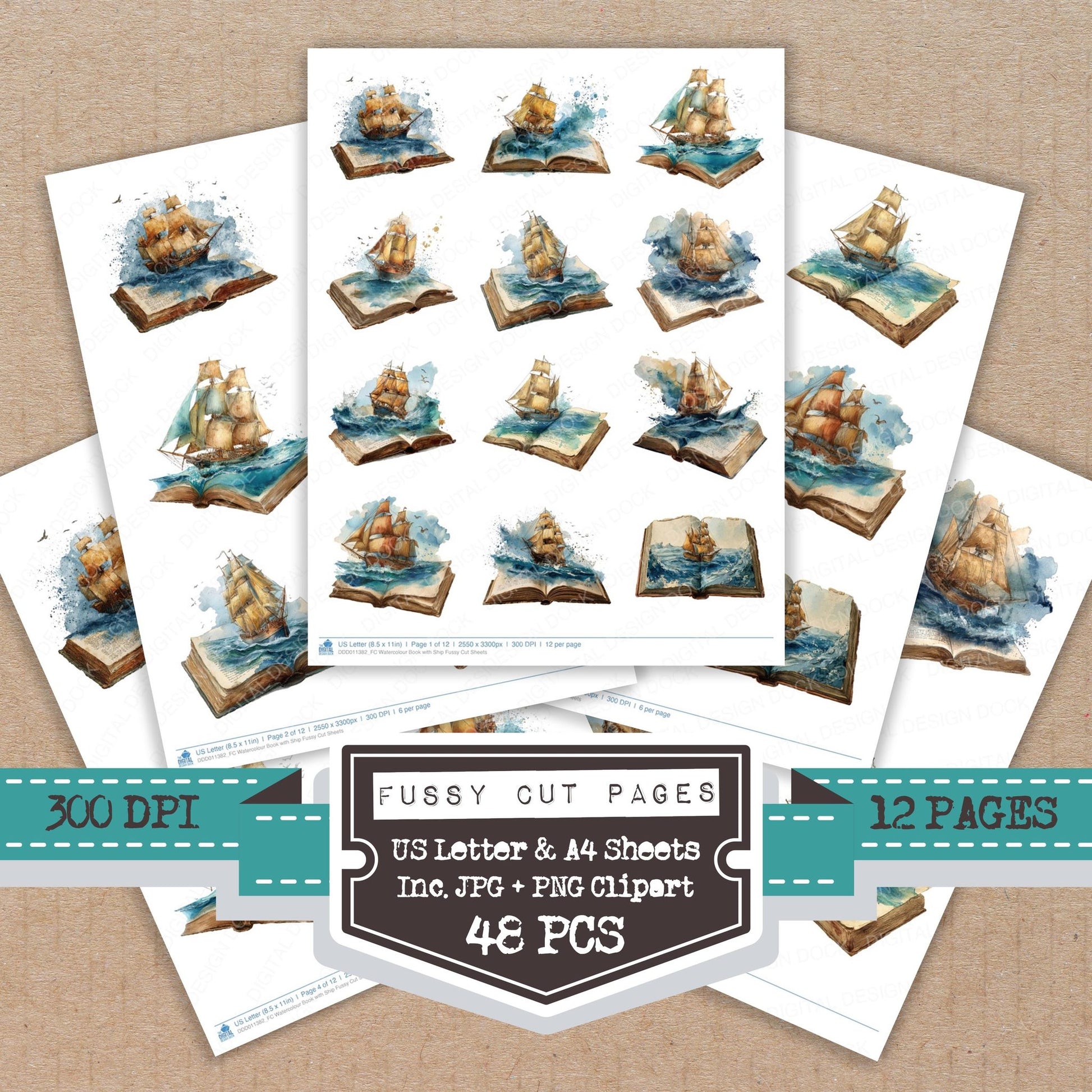 Watercolour Book with Ship fussy cut printable sheets for junk journaling, scrapbooking, and paper craft projects
