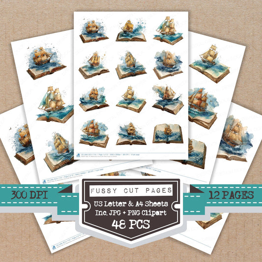 Watercolour Book with Ship fussy cut printable sheets for junk journaling, scrapbooking, and paper craft projects