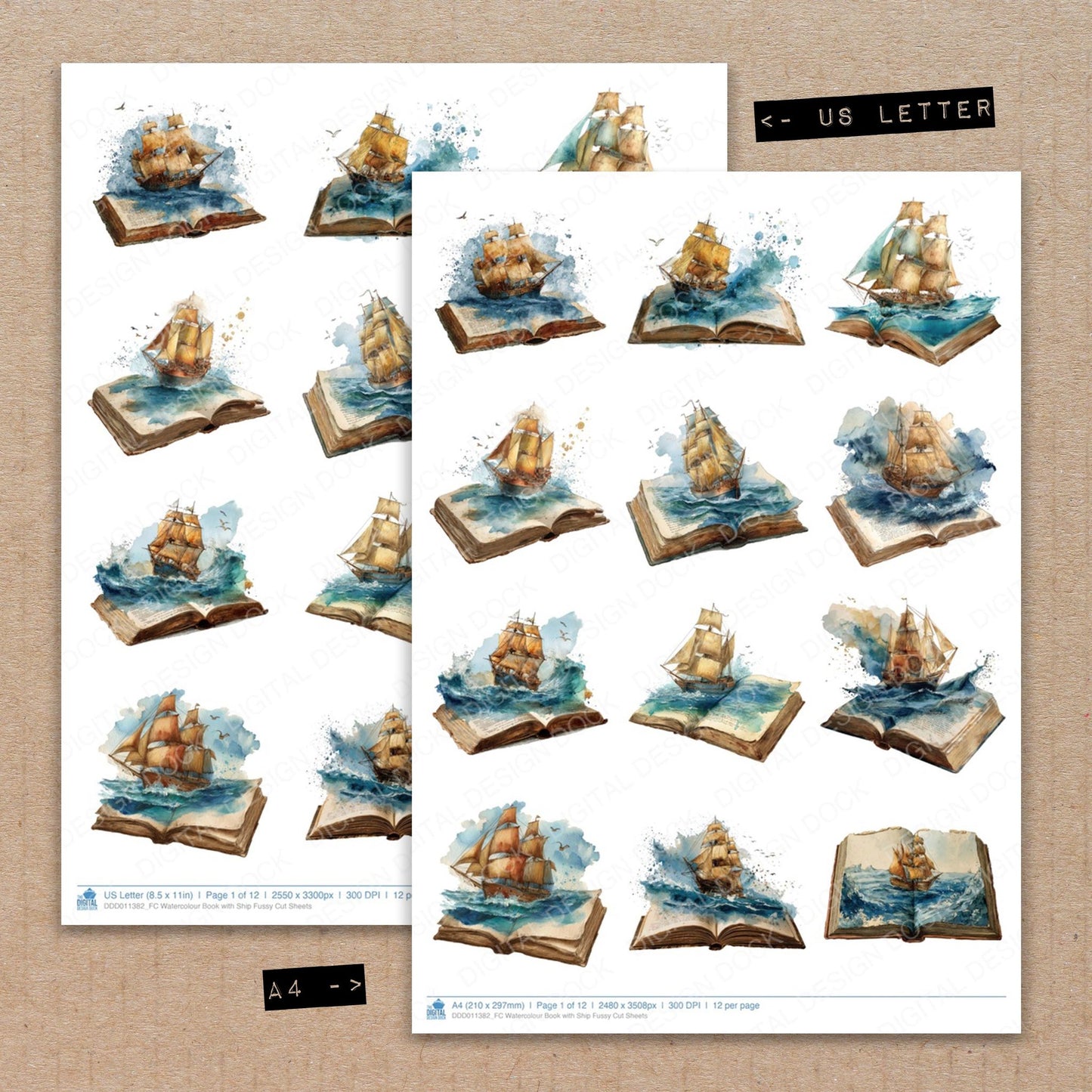 A4 and US Letter format comparison showing Watercolour Book with Ship fussy cut pages for print and cut crafting