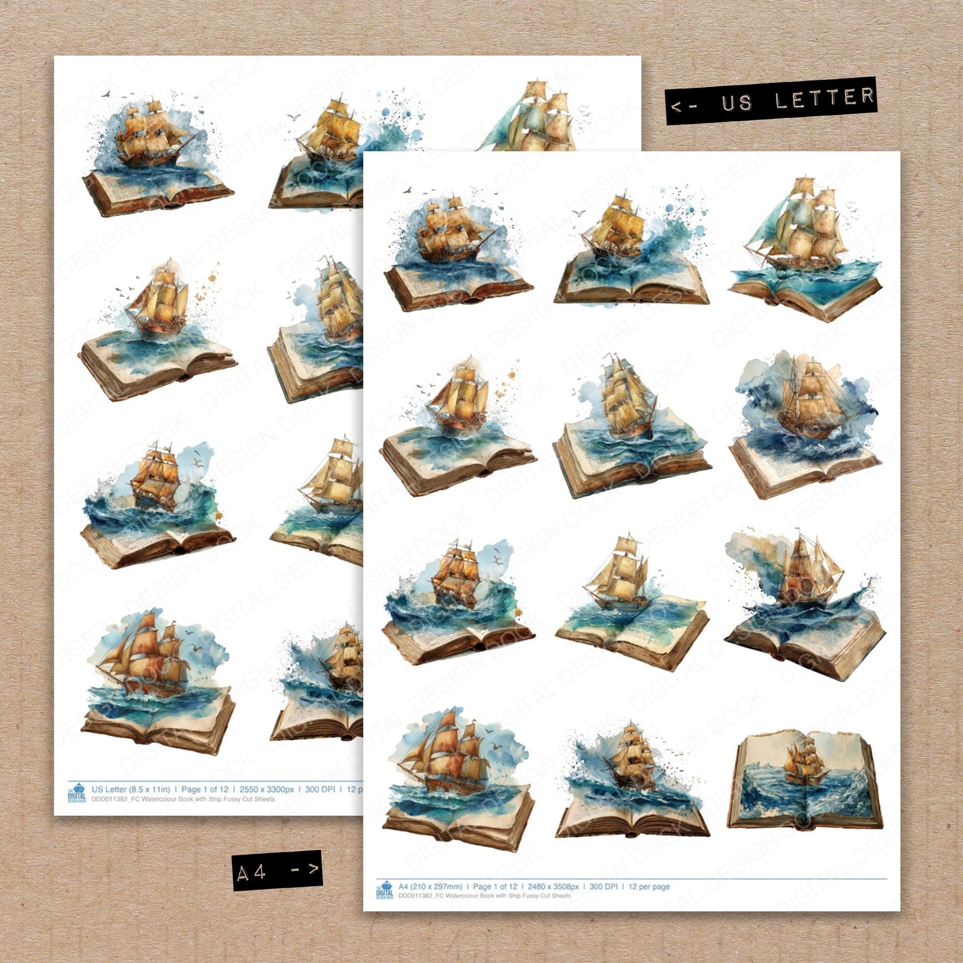A4 and US Letter format comparison showing Watercolour Book with Ship fussy cut pages for print and cut crafting