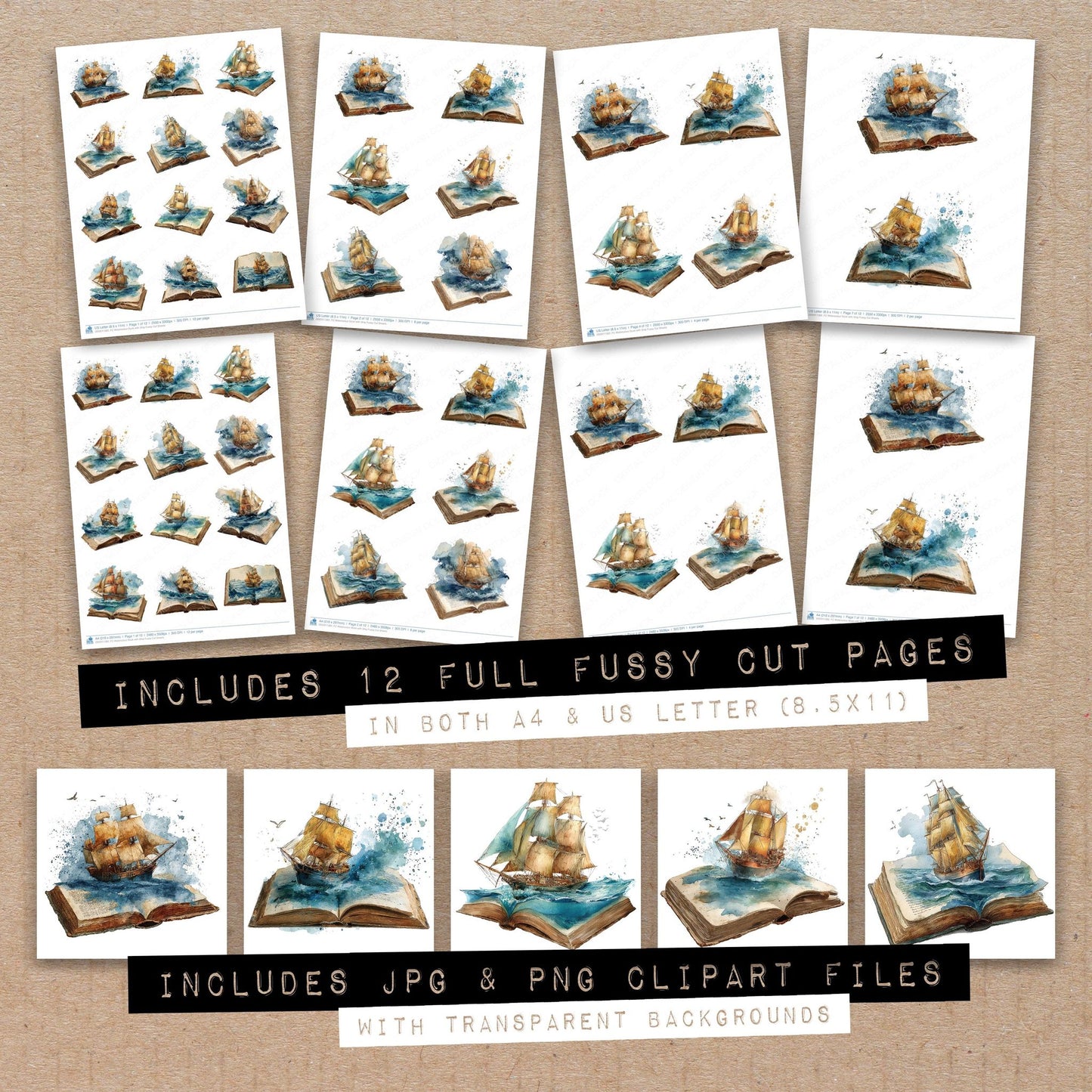 Full collection view of Watercolour Book with Ship fussy cut sheets with bonus clipart JPG and PNG files